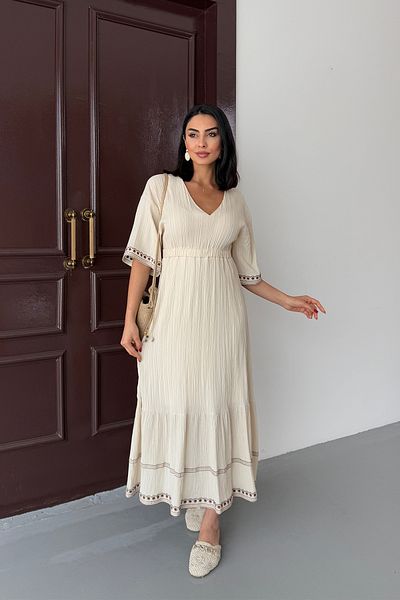 Ortaya Çık Beige Seersucker Fabric Dress with Embroidery Detail