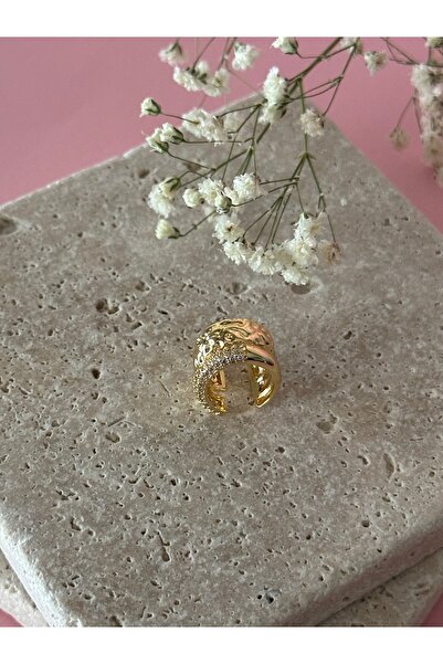 Özel Seri Zirkon Taşlı Dövme Plaka Detaylı Gold Earcuff