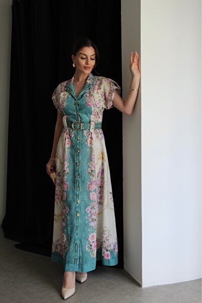 Julidress Vzorované plátěné šaty Boydan Gold Buttoned BELTED Midi Length Premium Design