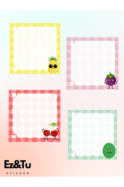 Ez&Tu Stıcker 8X8 Cute Fruits Watermelon, Cherry, Pineapple and Blackberry Patterned