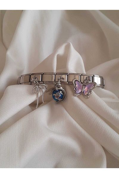 bijoux uniques Butterfly&Bow&World Airplane Triple Italian Charm Steel Bracelet