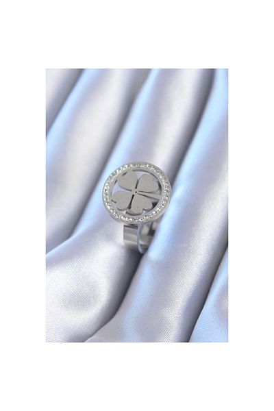 Marsilyan 316L Steel Silver Color Zircon Stone Clover Model Women's Ring - TJ-BYK2765