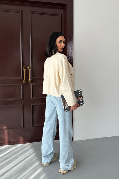 Ortaya Çık Beige Raw Linen Jacket with Large Pocket Detail and Snap Fasteners