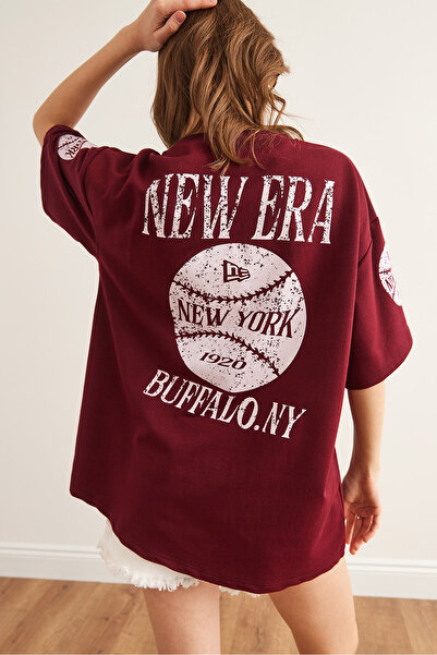 Olalook Γυναικείο μπλουζάκι New York Claret Red μπροστινό πίσω με στάμπα με 2 κλωστές Unisex Oversize TSH-19000696