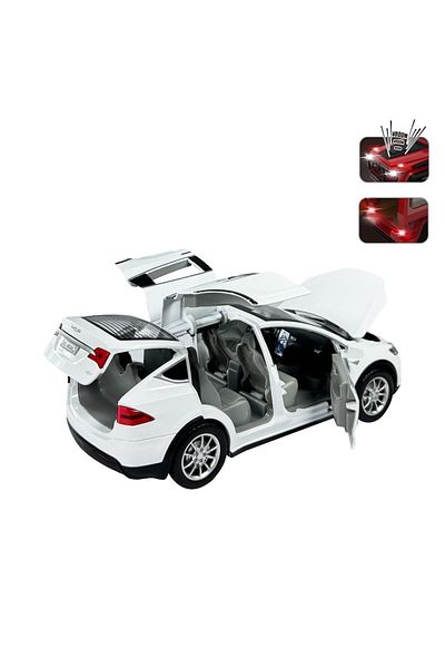 FEN TOYS تسلا موديل X أبيض 1:22 نموذج سيارة معدني خفيف صوت باب صندوق السيارة غطاء محرك السيارة قابل للسحب