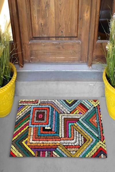 Evsebu Rengarenk Kare Desen Dekoratif Kapı Önü Paspası