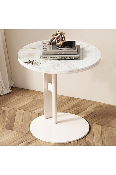Generic Iron and wood side table with marble and white - 40 x 40 x 60 cm