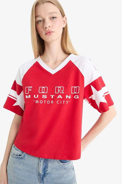 DeFacto Tricou cu mânecă scurtă cu decolteu în V, cu mânecă scurtă, cu imprimeu, cu decolteu în V, Coool Ford Motor Company
