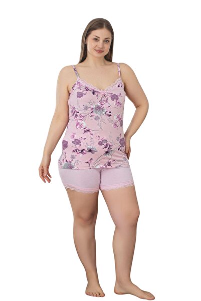 Farya Home Plus Size Lycra Viscose Lace Patterned Suspender Shorts Set