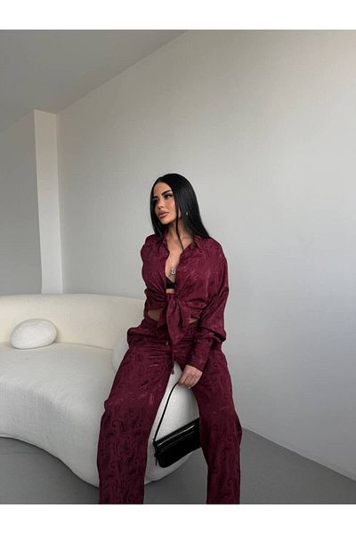 LB Laluna Butik طقم قميص وسروال نسائي من قماش الجاكار