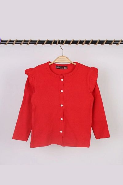 Modanguzel Girl's Red Seasonal Cardigan Ouzes Ruffle