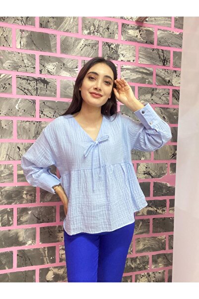 EGELİMODA Коротка блузка з V-подібним коміром з мусліну