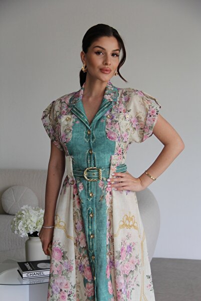 Julidress Vzorované plátěné šaty Boydan Gold Buttoned BELTED Midi Length Premium Design