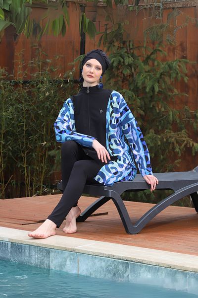 İYİBU Women's 4-Piece Hijab Swimsuit Set – Self Pareo, Sports Lycra, Quick Dry, Stylish Pattern