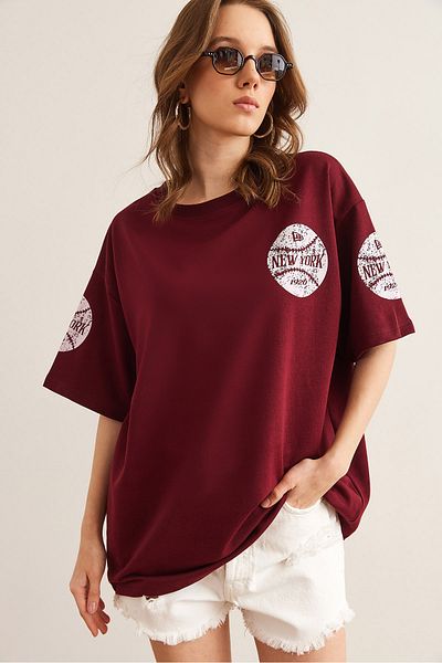 Olalook Γυναικείο μπλουζάκι New York Claret Red μπροστινό πίσω με στάμπα με 2 κλωστές Unisex Oversize TSH-19000696