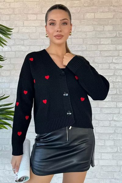 azra moda Women's Heart Embroidered Knitwear Cardigan