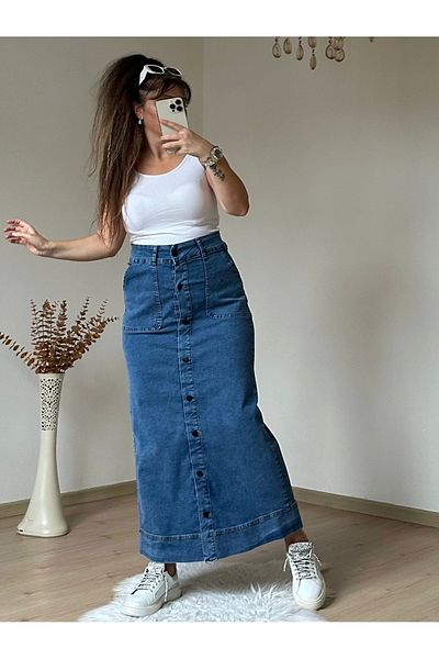 azra moda Fusta de blugi strânsă cu detaliu în talie Albastru închis