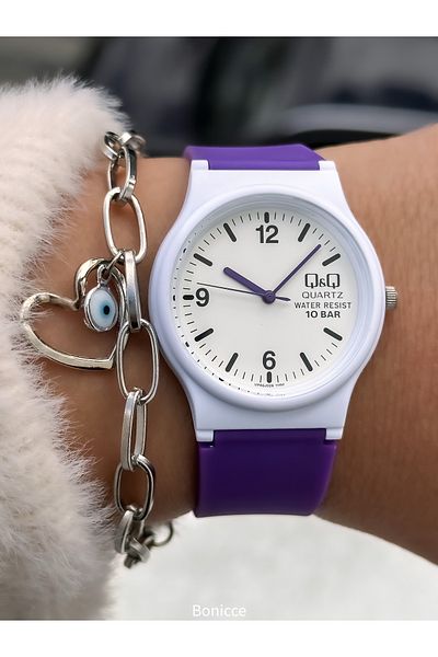 Q&Q Purple Silicone Cord,Suitable for Pool Sea Use, Women's Wristwatch+Bracelet