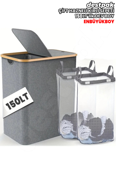 Destpak 150 LT Iki Bölmeli Bambu Kumaş Kirli Çamaşır Sepeti Joseph Model - Ka...