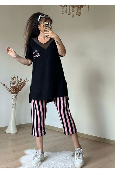 azra moda Set pijama cu detaliu din plasă cu guler