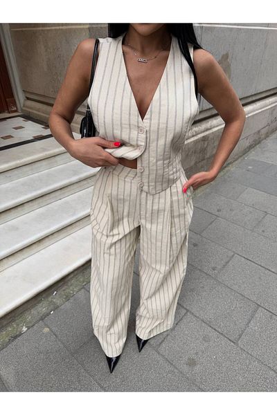 LB Laluna Butik Women's Striped Vest and Trousers Linen Set
