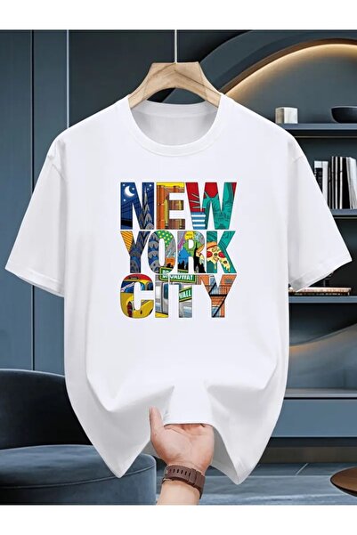 EXPECTED تي شيرت أبيض كبير الحجم للجنسين مطبوع عليه نصوص ملونة ممتعة من القطن...