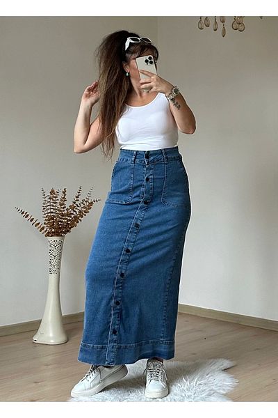 azra moda Fusta de blugi strânsă cu detaliu în talie Albastru închis