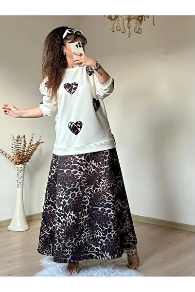 azra moda Спідниця та блуза з сердечками та леопардовим принтом