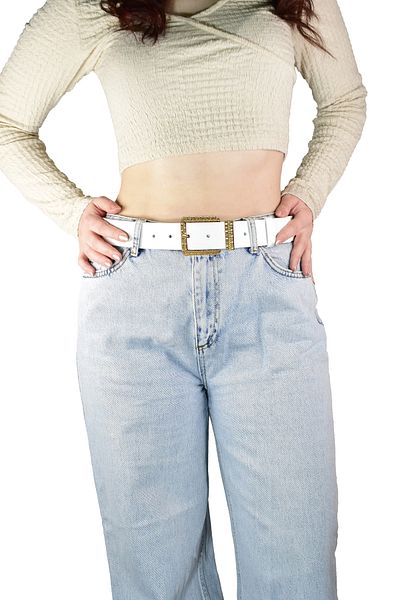 GoDeri 100% Piele Genuina, Set Auriu cataramă 4 Cm Curea Alba damă ; Blugi, centură sport=an-byn-62.gold.set