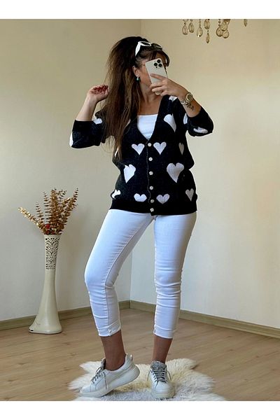 azra moda Big Heart Black Cardigan