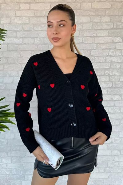 azra moda Women's Heart Embroidered Knitwear Cardigan