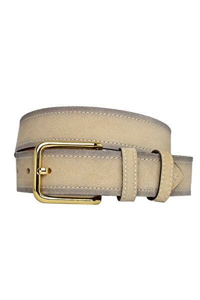 GoDeri %100 Hakiki Deri, Gold Tokalı 4 Cm Süet Krem Kadın Kemeri; Kot, Spor Kemer=dikdörtgengolddüz