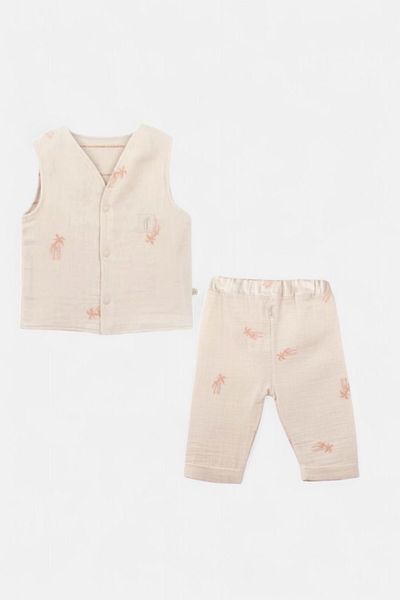 damdamin 100% Organic Cotton Ecocert Certified Palm Embroidered Snap Vest & Elastic Waist Trousers Set
