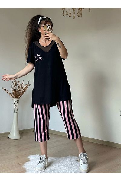 azra moda Set pijama cu detaliu din plasă cu guler