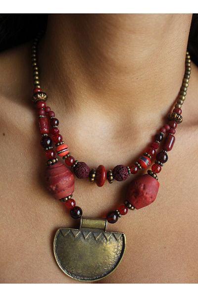 dela otantik Ethnic Style Handmade Red Necklace – Bohemian Authentic Vintage Large and Flashy Design Jewelry