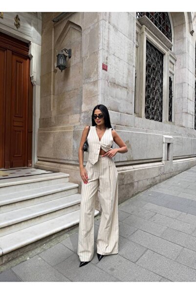 LB Laluna Butik Női csíkos mellény és nadrág vászon szett