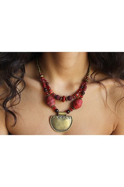 dela otantik Ethnic Style Handmade Red Necklace – Bohemian Authentic Vintage Large and Flashy Design Jewelry