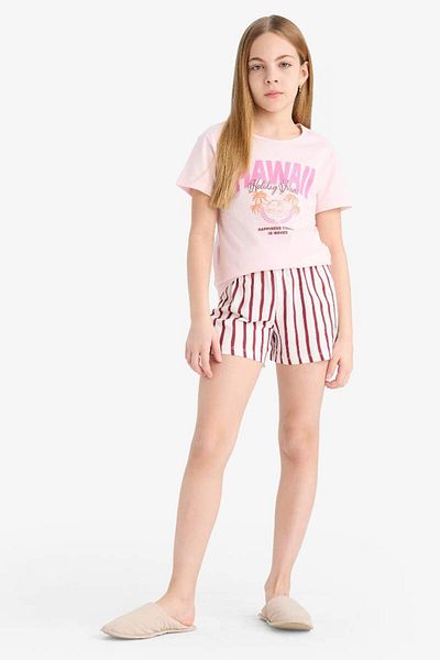 DeFacto New Season Girls' Pajama Set Printed Short Sleeve T-Shirt Striped Shorts