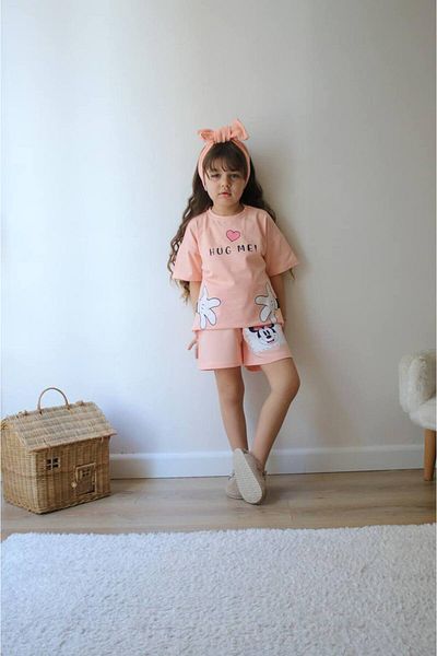 JELİBOOM Hug Me Detail Printed Organic 100% Cotton Girls Shorts Set