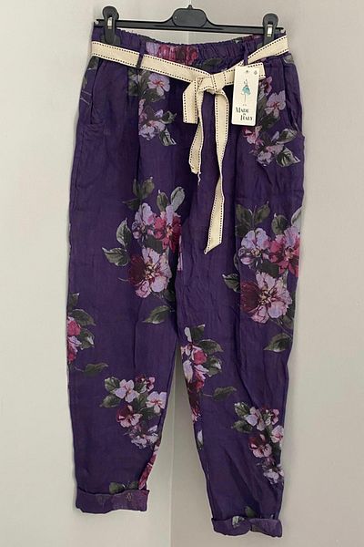 AYASOFYA OTANTIK Women's Purple Italian Elastic Waist Belt Detailed Flower Pattern Carrot Linen Trousers