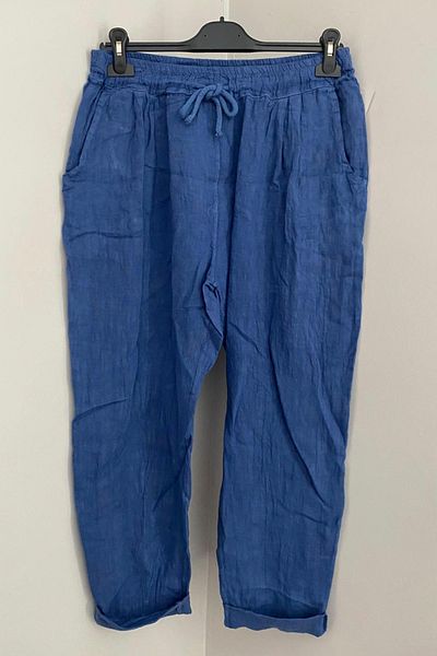 AYASOFYA OTANTIK Women's Italian Blue Elastic Waist Lacing Detailed 100% Linen Carrot Trousers