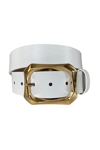 GoDeri %100 Hakiki Deri, Gold Tokalı Beyaz Kadın Kot, Spor Kemer 4 Cm=an-byn-08