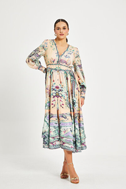 SERPİL Kadın Desenli V Yaka Elbise – Uzun Kollu, Kuşaklı, Astarlı