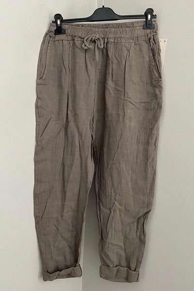 AYASOFYA OTANTIK Women's Italian Mink Elastic Waist Lacing Detailed 100% Linen Carrot Trousers