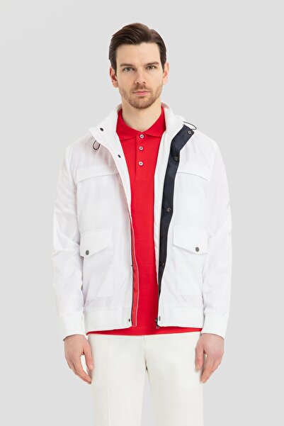 Sabri Özel Beyaz Kapüşonlu Mont Çıkarılabilir Yaka