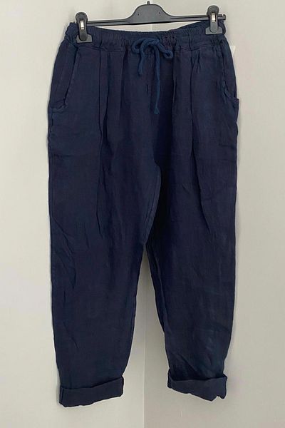 AYASOFYA OTANTIK Women's Italian Navy Blue Elastic Waist Lace Detailed 100% Linen Carrot Trousers