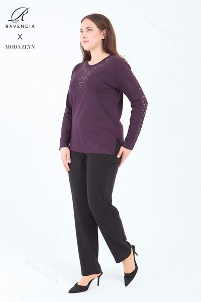 Ravencia Women's Middle Age and Above Viscose Stripe Flower Pattern Stone Embroidered Lycra Plum Mother Combed Cotton Blouse