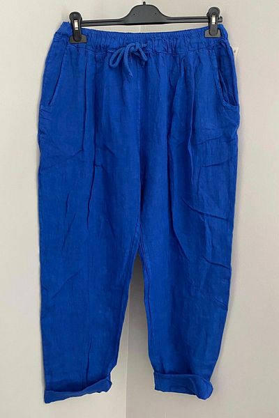AYASOFYA OTANTIK Women's Italian Saks Blue Elastic Waist Lacing Detailed 100% Linen Carrot Trousers