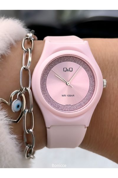 Q&Q Pink Silicone Cord, Suitable for Pool and Sea Use, Silvery Guaranteed (24 Months) Women's Wristwatch + Bracelet