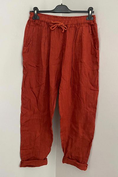 AYASOFYA OTANTIK Women's Italian Tile Elastic Waist Lacing Detailed 100% Linen Carrot Trousers